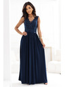 numoco LEA Dlhé elegantné maxi šaty s čipkovým topom a rozparkom na nohavici - tmavo modré