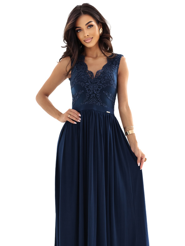 numoco LEA Dlhé elegantné maxi šaty s čipkovým topom a rozparkom na nohavici - tmavo modré