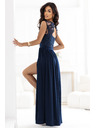 numoco LEA Dlhé elegantné maxi šaty s čipkovým topom a rozparkom na nohavici - tmavo modré