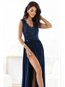 numoco LEA Dlhé elegantné maxi šaty s čipkovým topom a rozparkom na nohavici - tmavo modré