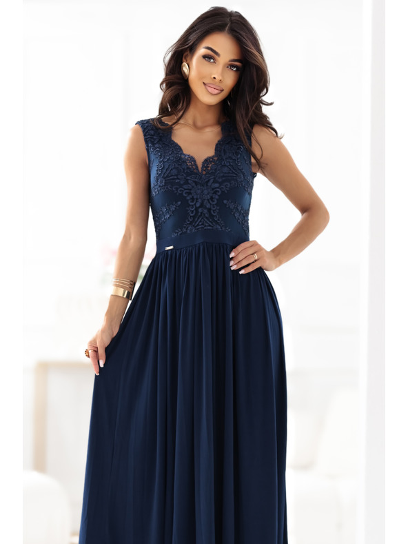 numoco LEA Dlhé elegantné maxi šaty s čipkovým topom a rozparkom na nohavici - tmavo modré