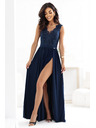numoco LEA Dlhé elegantné maxi šaty s čipkovým topom a rozparkom na nohavici - tmavo modré