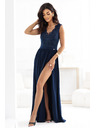 numoco LEA Dlhé elegantné maxi šaty s čipkovým topom a rozparkom na nohavici - tmavo modré