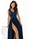 numoco LEA Dlhé elegantné maxi šaty s čipkovým topom a rozparkom na nohavici - tmavo modré