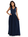 numoco LEA Dlhé elegantné maxi šaty s čipkovým topom a rozparkom na nohavici - tmavo modré