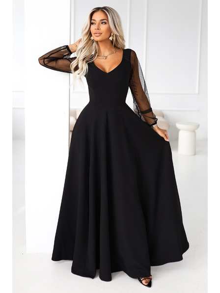 numoco LORETTA jedinečné dlhé šaty s tylových rukávmi a výstrihom - čierne