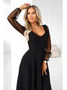 numoco LORETTA jedinečné dlhé šaty s tylových rukávmi a výstrihom - čierne