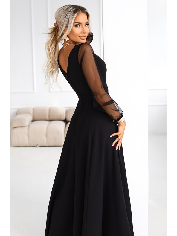 numoco LORETTA jedinečné dlhé šaty s tylových rukávmi a výstrihom - čierne