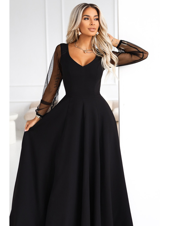 numoco LORETTA jedinečné dlhé šaty s tylových rukávmi a výstrihom - čierne