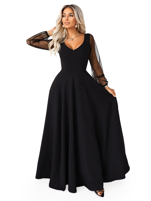 numoco LORETTA jedinečné dlhé šaty s tylových rukávmi a výstrihom - čierne