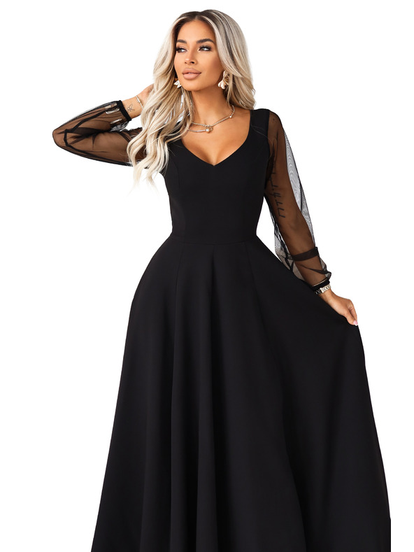 numoco LORETTA jedinečné dlhé šaty s tylových rukávmi a výstrihom - čierne