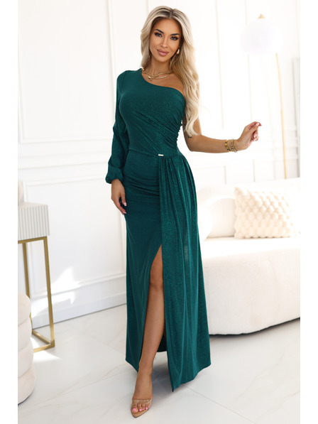 numoco Trblietavé maxi šaty na jedno rameno s asymetrickými rukávmi a rozparkom - fľaštickovo zelené