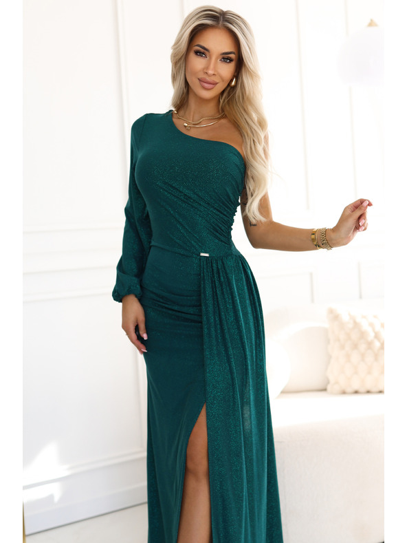 numoco Trblietavé maxi šaty na jedno rameno s asymetrickými rukávmi a rozparkom - fľaštickovo zelené