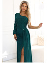 numoco Trblietavé maxi šaty na jedno rameno s asymetrickými rukávmi a rozparkom - fľaštickovo zelené