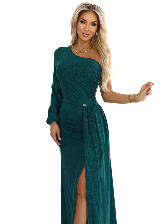 numoco Trblietavé maxi šaty na jedno rameno s asymetrickými rukávmi a rozparkom - fľaštickovo zelené