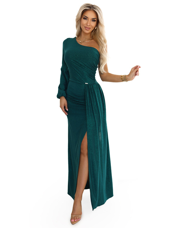numoco Trblietavé maxi šaty na jedno rameno s asymetrickými rukávmi a rozparkom - fľaštickovo zelené