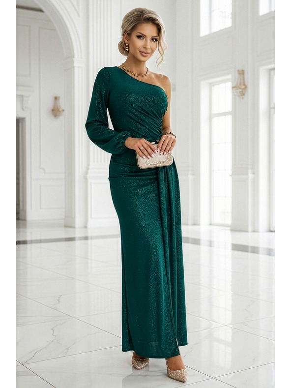 numoco Trblietavé maxi šaty na jedno rameno s asymetrickými rukávmi a rozparkom - fľaštickovo zelené