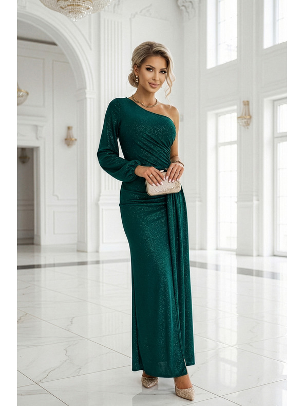 numoco Trblietavé maxi šaty na jedno rameno s asymetrickými rukávmi a rozparkom - fľaštickovo zelené