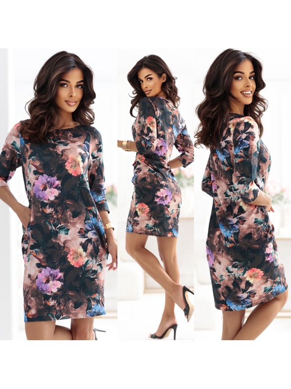 numoco JOLA Nadmerné šaty s vreckami - čokoládový odtieň s kvetinovým vzorom