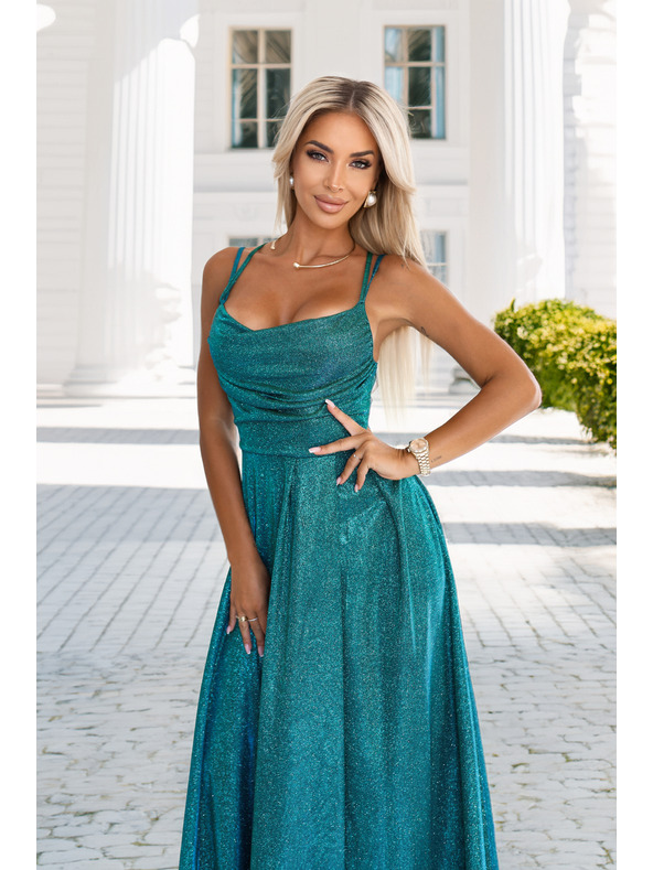 numoco Dlhé šaty s jemným trblietaním a korzétovým zaväzovaním na zadnej strane - zelené so trblietkami