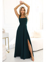 numoco AURELIA dlhé šaty s rozparkom na nohavici a diamantovým výstrihom - fľaškovo zelené