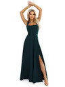 numoco AURELIA dlhé šaty s rozparkom na nohavici a diamantovým výstrihom - fľaškovo zelené