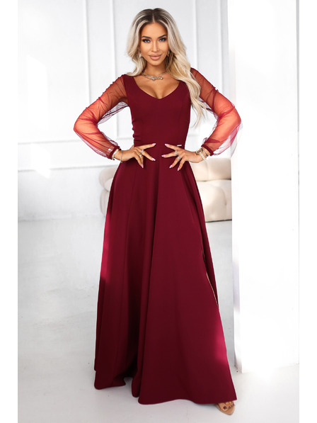 numoco LORETTA unikátne dlhé šaty s tylových rukávmi a výstrihom - vínové