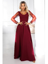 numoco LORETTA unikátne dlhé šaty s tylových rukávmi a výstrihom - vínové