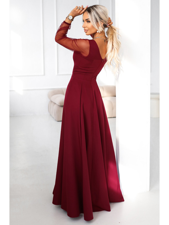numoco LORETTA unikátne dlhé šaty s tylových rukávmi a výstrihom - vínové