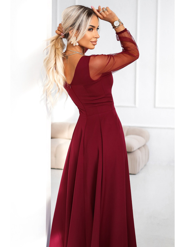 numoco LORETTA unikátne dlhé šaty s tylových rukávmi a výstrihom - vínové