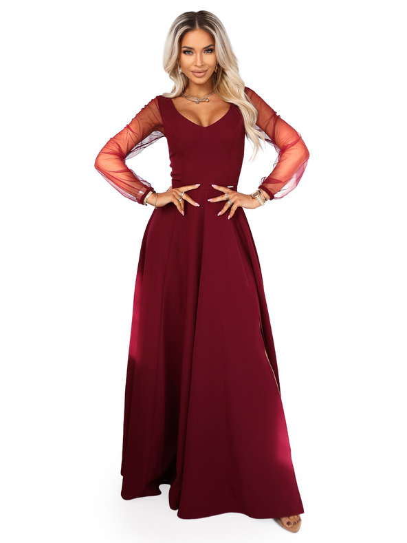 numoco LORETTA unikátne dlhé šaty s tylových rukávmi a výstrihom - vínové