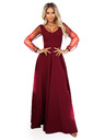 numoco LORETTA unikátne dlhé šaty s tylových rukávmi a výstrihom - vínové