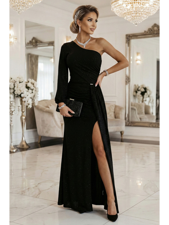 numoco Trblietavé maxi šaty na jedno rameno s asymetrickými rukávmi a rozparkom - čierne