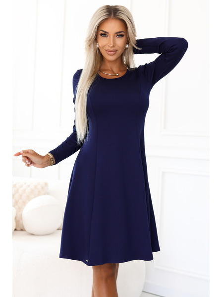 numoco Pohodlné trapézové šaty s dlhým rukávom - tmavo modré
