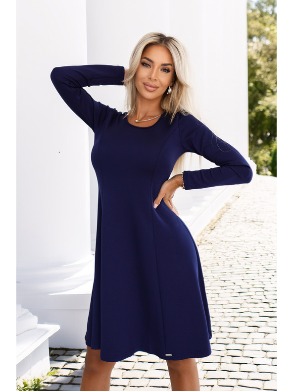 numoco Pohodlné trapézové šaty s dlhým rukávom - tmavo modré