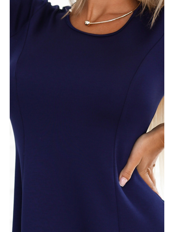 numoco Pohodlné trapézové šaty s dlhým rukávom - tmavo modré