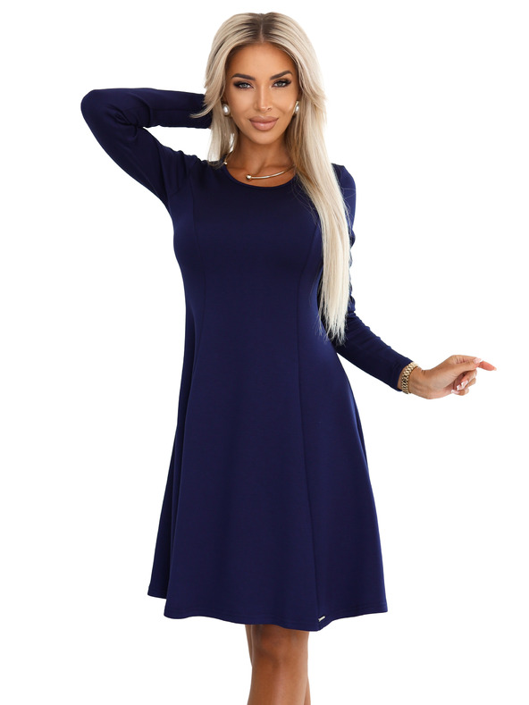 numoco Pohodlné trapézové šaty s dlhým rukávom - tmavo modré