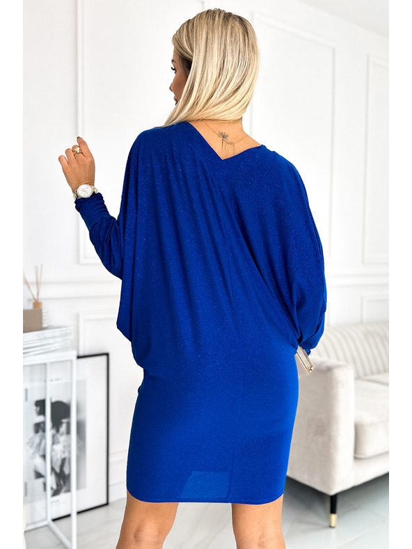 numoco Netopierové šaty s výstrihom - modrá farba so trblietkami