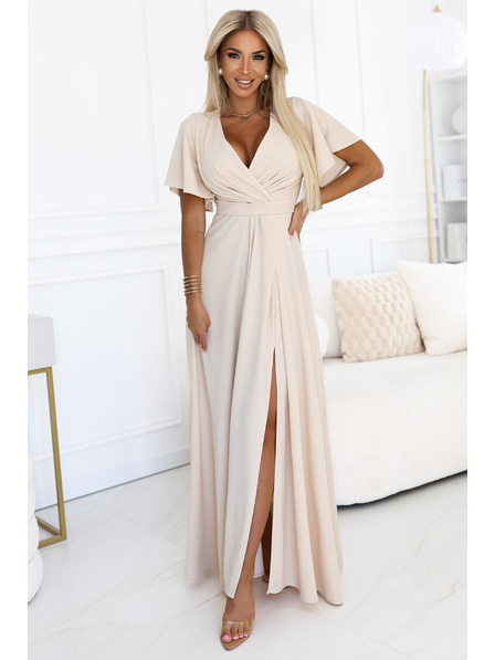 numoco JENNIFER dlhé šaty s rozparkom na nohavici, rukávy a výstrihom - béžové