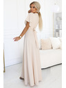 numoco JENNIFER dlhé šaty s rozparkom na nohavici, rukávy a výstrihom - béžové