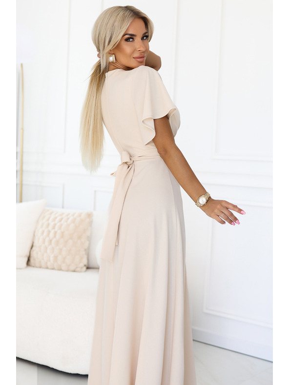 numoco JENNIFER dlhé šaty s rozparkom na nohavici, rukávy a výstrihom - béžové