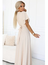 numoco JENNIFER dlhé šaty s rozparkom na nohavici, rukávy a výstrihom - béžové