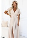 numoco JENNIFER dlhé šaty s rozparkom na nohavici, rukávy a výstrihom - béžové