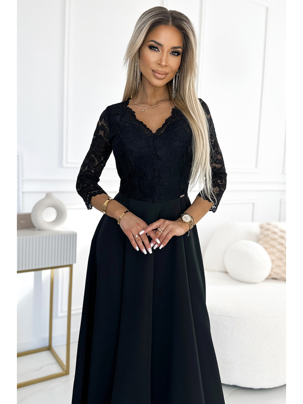numoco AMBER čipkované, elegantné dlhé šaty s výstrihom a rozparkom pri nohaviciach - čierne