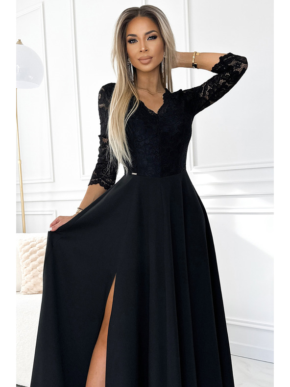 numoco AMBER čipkované, elegantné dlhé šaty s výstrihom a rozparkom pri nohaviciach - čierne