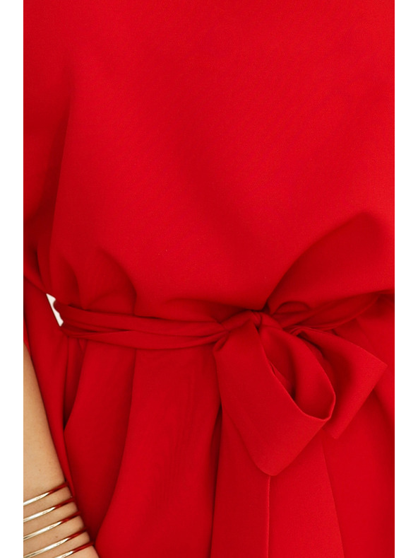 numoco SOFIA Motýlie šaty s kravatou v páse - červené