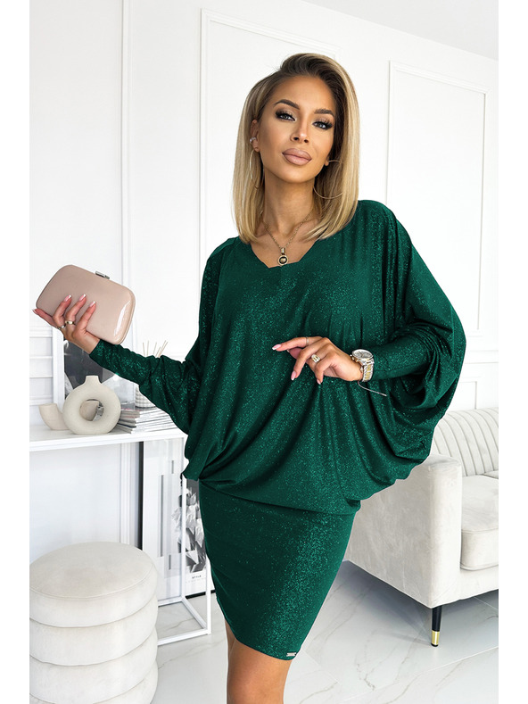 numoco Netopierové šaty s výstrihom - zelená so trblietkami