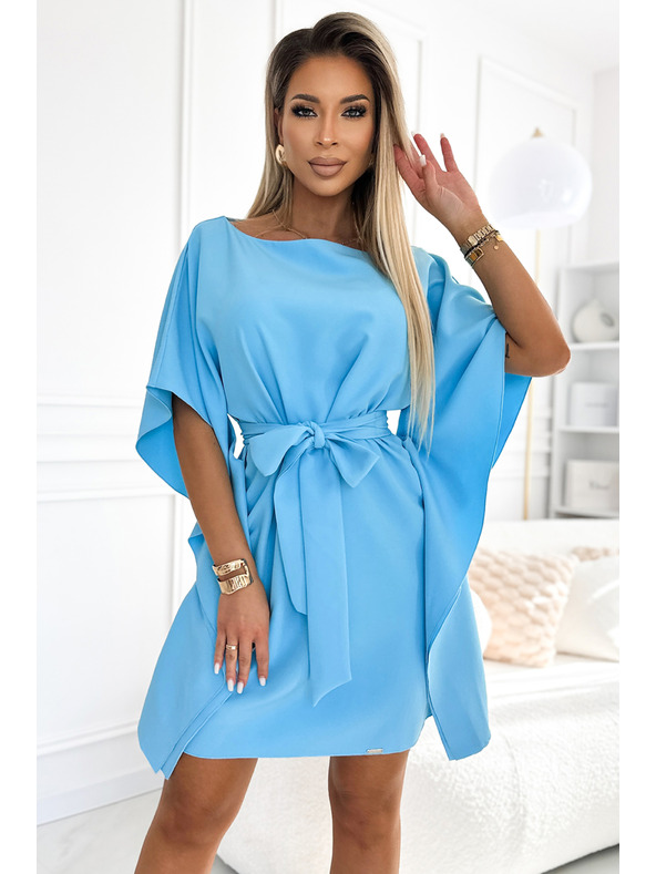 numoco SOFIA Motýlie šaty so zaväzovaním v páse - farba modrá