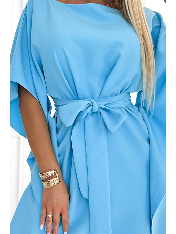 numoco SOFIA Motýlie šaty so zaväzovaním v páse - farba modrá