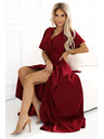 numoco JENNIFER dlhé šaty s rozparkom na nohaviciach, rukávom a výstrihom - vínovej farby